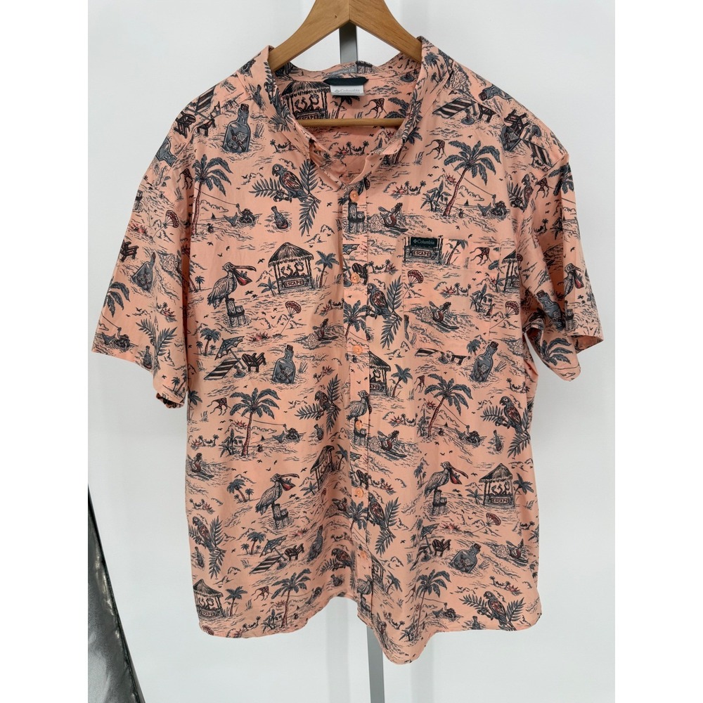 Columbia Escape Island Print Button Up Shirt‎ Mens XXL Peach Tropical
